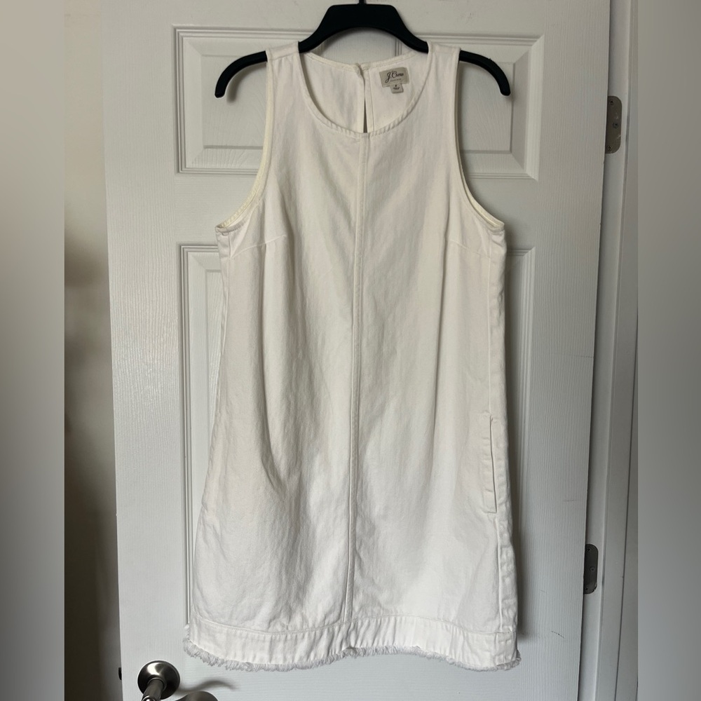 J Crew Womens Size 8 White Cotton Shift Dress Sleeveless Raw Hem Pockets